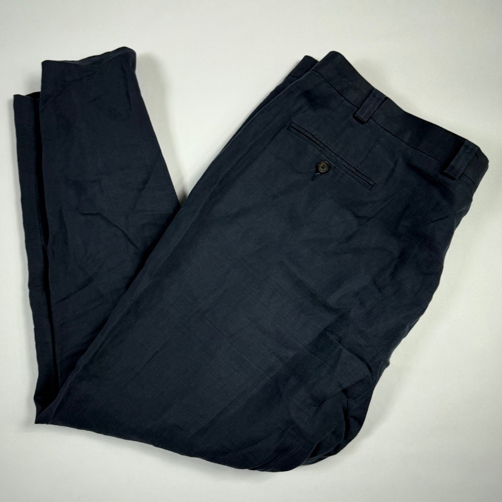 Vintage Ralph Lauren Mens Dress Pants 42x30 Navy Blue 100% Linen Flat Front